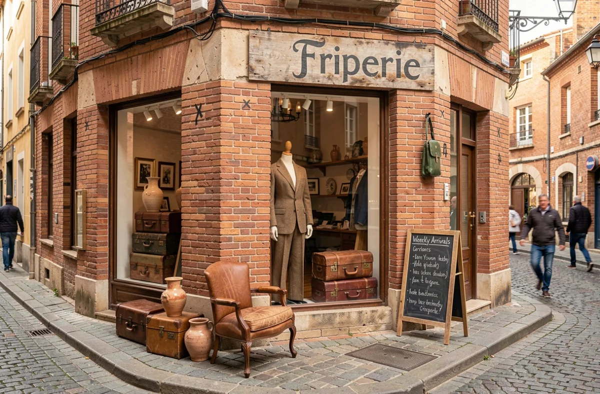Vitrine d'une friperie vintage à Toulouse avec mannequin habillé en tenue rétro et devanture en brique rose