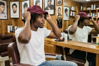 Jeune homme noir ajustant un wave cap en soie bordeaux sur ses 360 waves dans un salon de coiffure