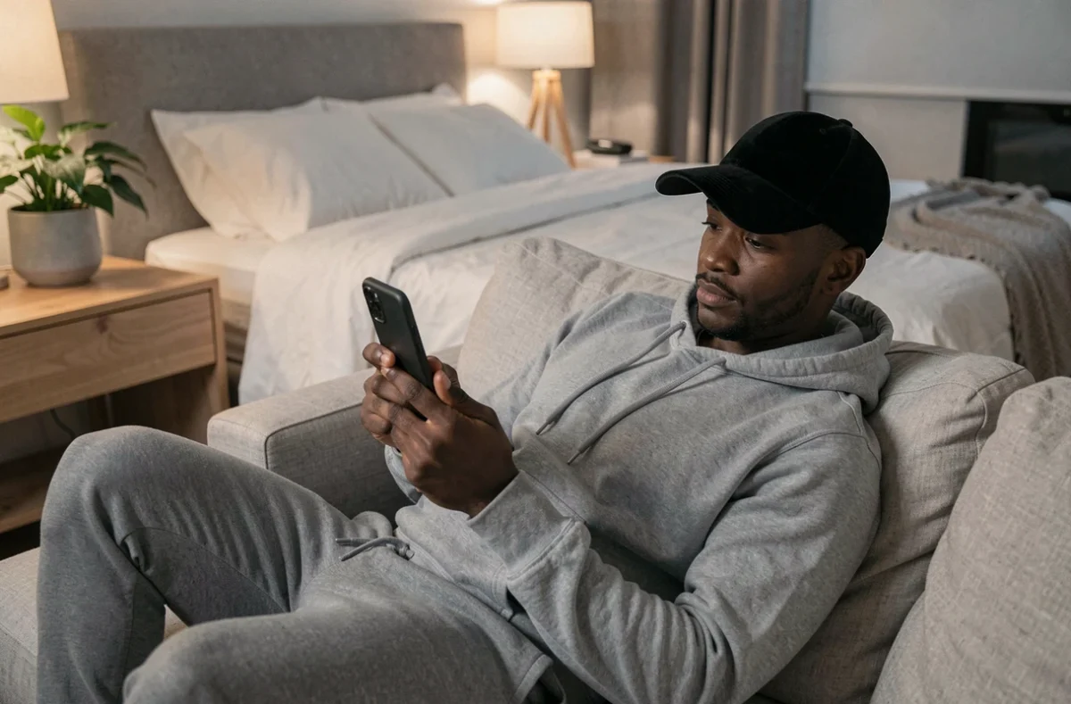 Homme portant un wave cap en velours noir chez lui allongé sur un canapé moderne